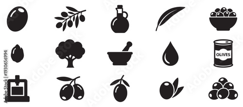 Olives and olive oil icons set depicting the fruit, tree, branch, leaf, and various processed products in a minimalist style.