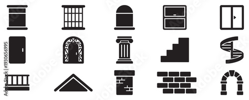 Architectural elements and building components icon set collection featuring various structures like windows, doors, stairs, and columns in a minimalist silhouette style.
