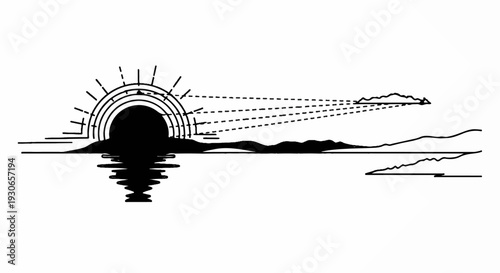 A black silhouette of a sunset over the water with rays of light and distant clouds