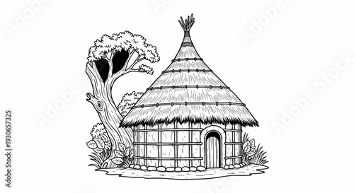 A round, thatched-roof hut with a wooden door, stands next to a gnarled tree and foliage