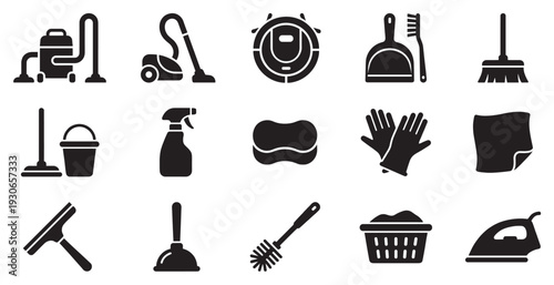 Various household cleaning supplies icons representing essential tools for maintaining a tidy and hygienic home environment.