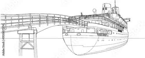 A large ship is docked, connected by a walkway to a pier