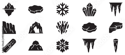 Ice and snow elements vector icon set illustrating various frozen natural formations, winter weather symbols, and cold climate phenomena.