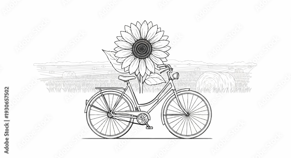 Fototapeta premium Sketch of a bicycle with a sunflower in front of a rural field of hay bales