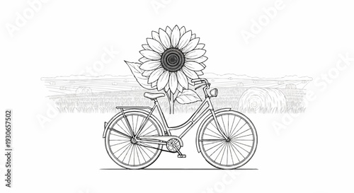 Sketch of a bicycle with a sunflower in front of a rural field of hay bales