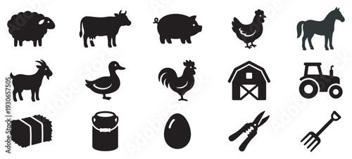 Farm animals and equipment icons are essential elements for agricultural design projects, educational materials, and digital interfaces.