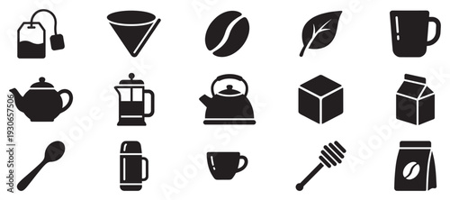 Coffee and tea icons illustrating a wide range of hot drink preparation elements and serving items in a modern minimalist style.