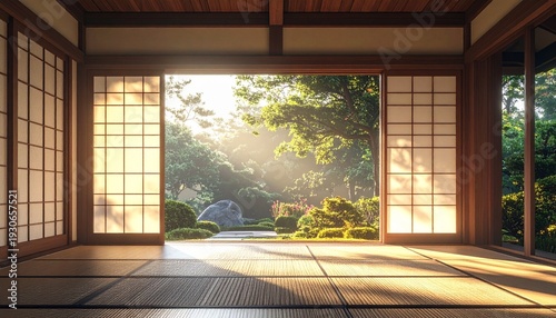 Serene Japanese Room with Garden View and Natural Light.