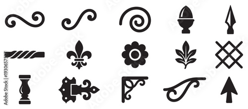 Decorative wrought iron elements set with various ornate architectural details and vintage ornamental designs.