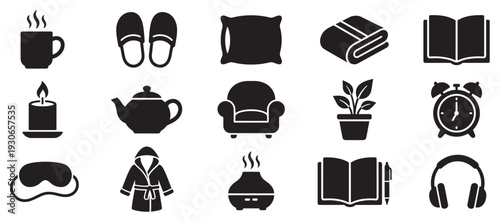 Cozy home relaxation icons collection set includes various symbols for comfort, wellness, and a peaceful lifestyle.