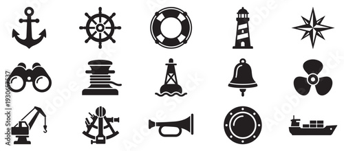 Nautical icons collection featuring various marine and shipping elements for navigation, safety, and port operations.