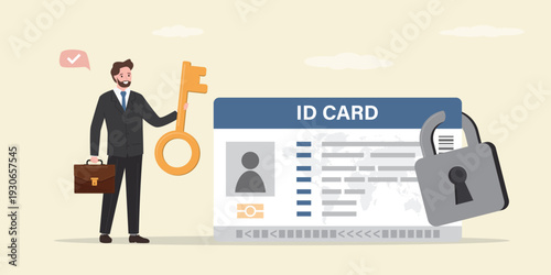 ID plastic card, password. User or citizen man holding key from identification card. Personal information protection, strong passwords and protection
