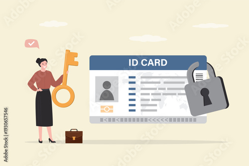 ID plastic card, password. Female user or citizen holding key from identification card. Personal information protection, strong passwords and protection against hacking