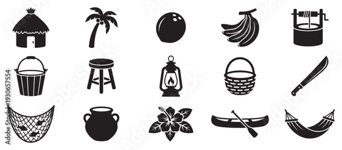 Tropical island elements collection of black silhouette icons representing various traditional items and activities for a relaxed vacation.