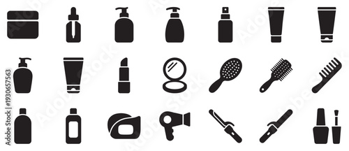 Beauty and cosmetic icons collection showcasing essential personal care products, makeup tools, and hair styling equipment for daily routines.