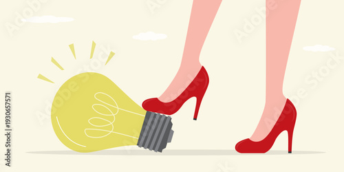 Businesswoman with big idea light bulb. Female leg in red high heels shoes standing on glowing light bulb, women power, personifying thoughtful inspiration and inner brilliance.