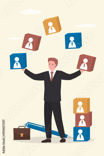 Smart business man or male employee juggling cubes. Recruiter chooses employees out of many of cubes. HR agent selects the team. Employee recruitment, hiring, team building