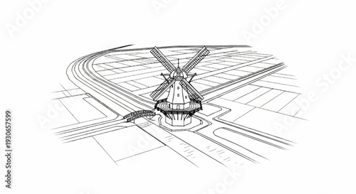 Sketch of a traditional windmill surrounded by water channels and fields