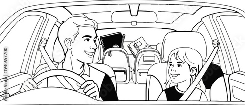 Smiling man and child in car with backpacks and books for journey