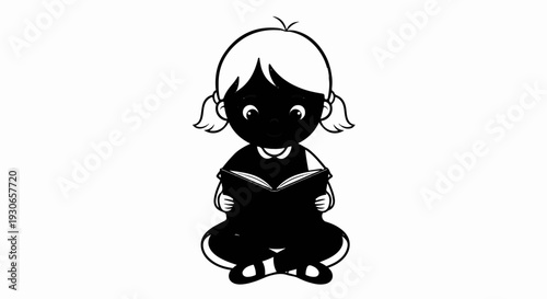A cartoon child sits cross-legged, absorbed in reading an open book