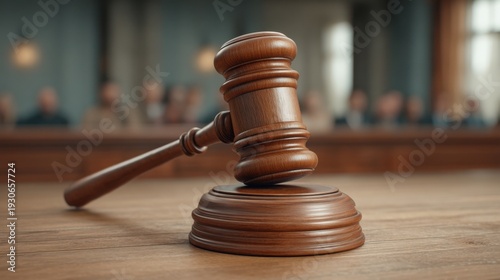 Business Legal Concept Featuring Auction Hammer in Courtroom Setting