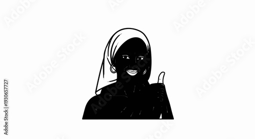 Smiling woman in headwrap gives a thumbs-up gesture with a happy expression