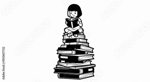 A cartoon child sits cross-legged atop a tall stack of books, absorbed in reading