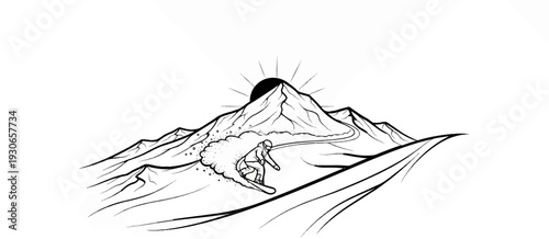 Snowboarder carving down a mountain as the sun rises over the peak