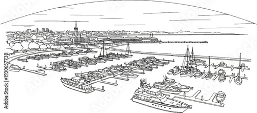 A vibrant harbor scene with numerous boats docked, a city skyline, and a distant mountain