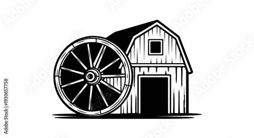 A vintage wooden barn with a large wagon wheel