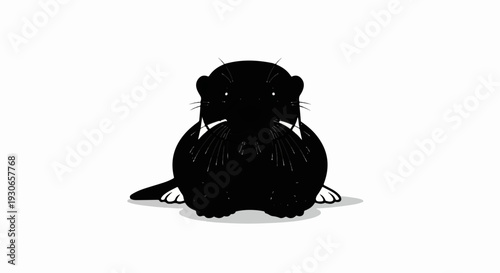 A cartoonish black otter with a round body and large whiskers sits