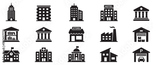 Various architectural buildings and structures icon set, representing diverse urban, commercial, and public establishments in a modern city.