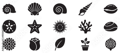 Nature icons collection featuring diverse marine life and botanical elements in a clean, modern silhouette style.