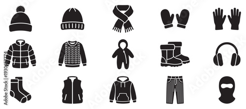 Winter clothing and accessories icons set illustrating essential garments and gear for cold weather conditions.