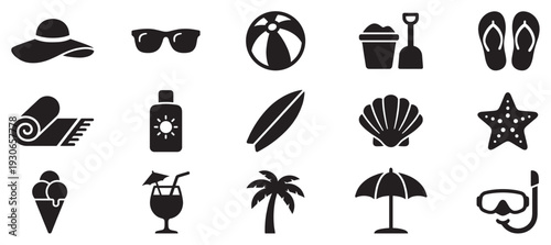 Beach icons and summer vacation symbols collection representing holiday travel and tropical leisure activities.