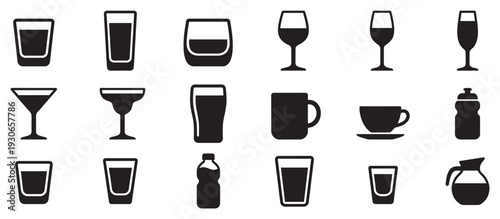 Drinkware icons collection featuring various types of glasses, cups, and bottles for beverages in a simple silhouette style.