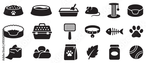 Pet supplies icons collection featuring essential items for domestic animal care, including food, toys, grooming tools, and beds.