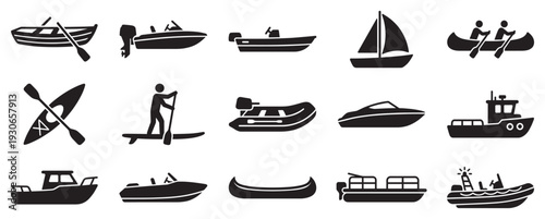 Various boats and watercraft icons representing different types of marine vessels and water sports activities.