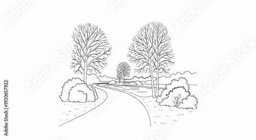 A bare-branched trees line a winding path leading towards a tranquil lake