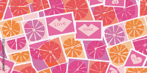 A colorful pattern of citrus slices and love themed polaroid pictures