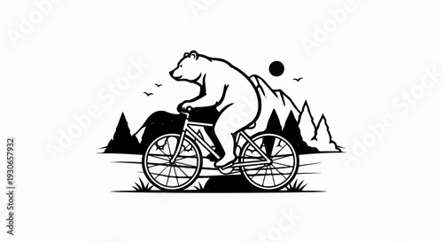 A bear rides a bicycle against a backdrop of mountains and trees