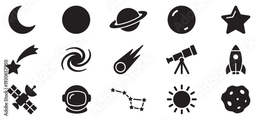 Space astronomy celestial universe exploration science icons set including planets, stars, rockets, and telescopes for educational and design projects.