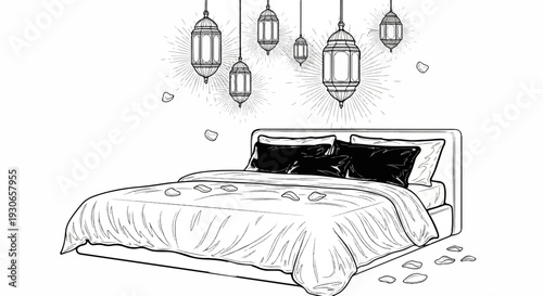 A bed with black pillows and rose petals, beneath hanging lanterns