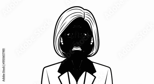 A stark, black and white illustration depicts an angry woman in a suit