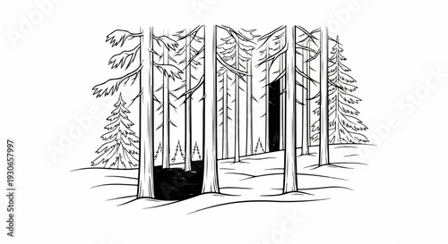 Stark, black and white line art depicts a dense forest scene with snow-covered ground