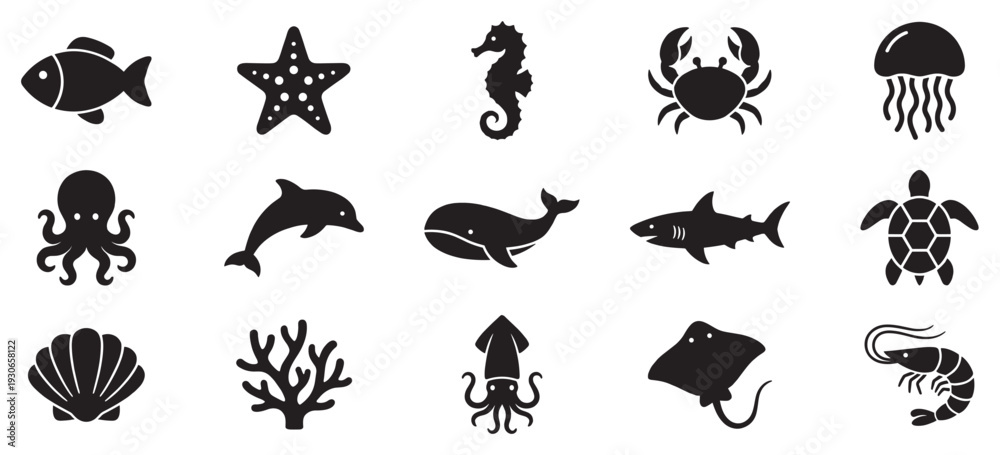 Fototapeta premium Sea animals and marine life icons collection featuring various ocean creatures and underwater elements in a simple silhouette style.