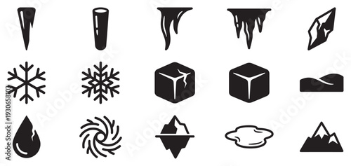 Cold weather and ice related icons represent various winter elements, frozen water forms, and natural phenomena in a clean, minimalist style.