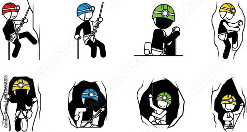 Stick figures in helmets climb and rappel in various outdoor and cave settings