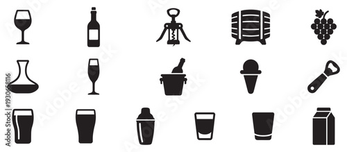 Beverage and bar icons collection featuring various drinks, glasses, and essential tools for serving and enjoying alcoholic and non-alcoholic refreshments.