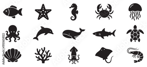 Sea animals and marine life icons collection featuring various ocean creatures and underwater elements in a simple silhouette style.